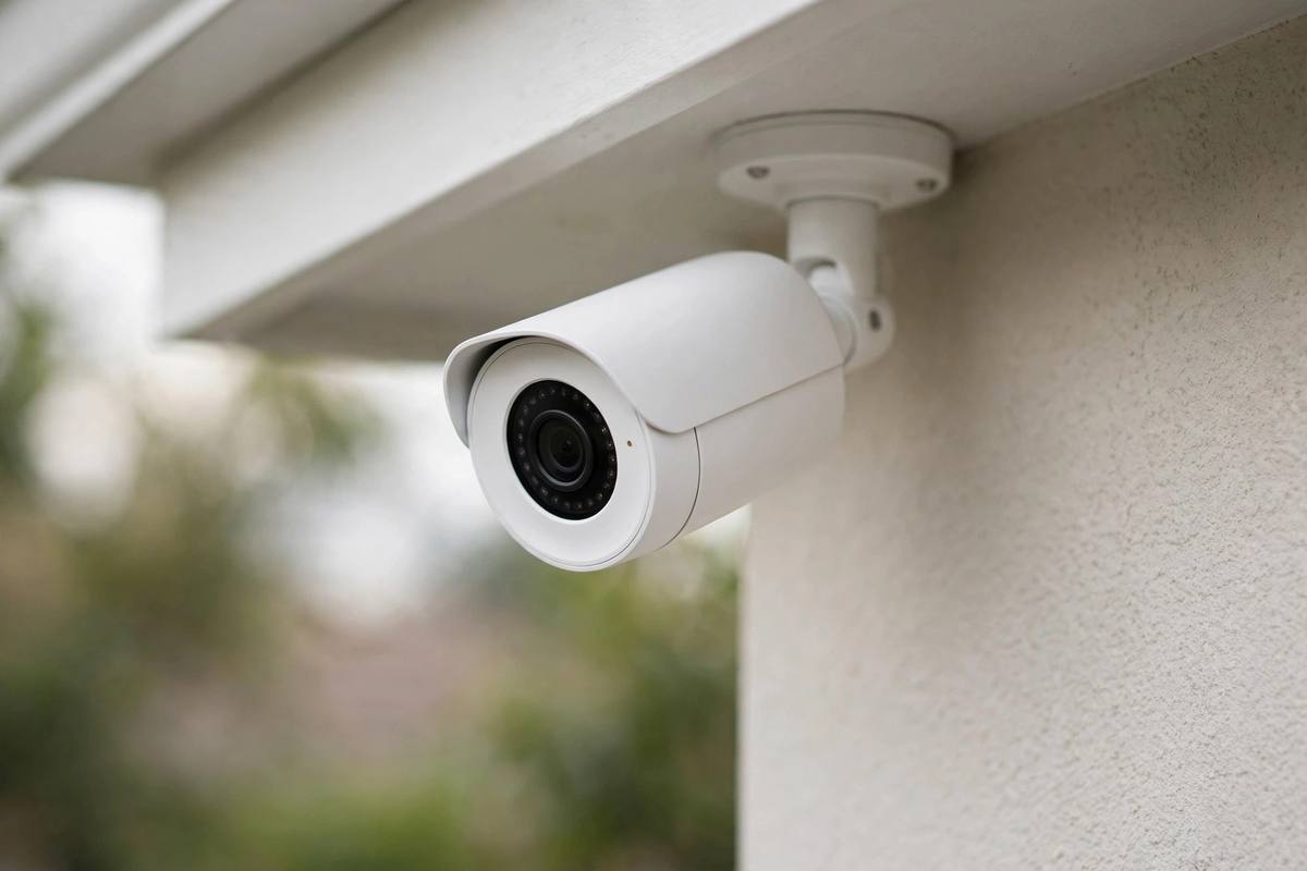 Security camera mounted under a home's eave