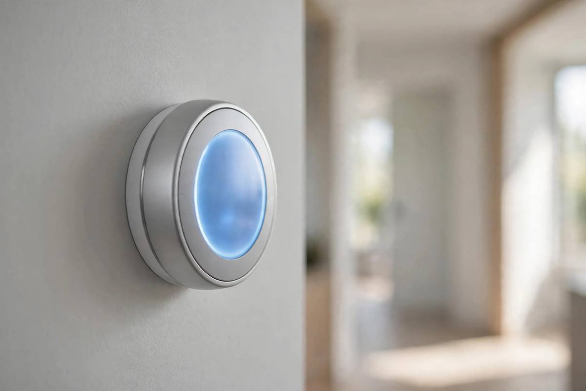 Smart thermostat mounted on a hallway wall
