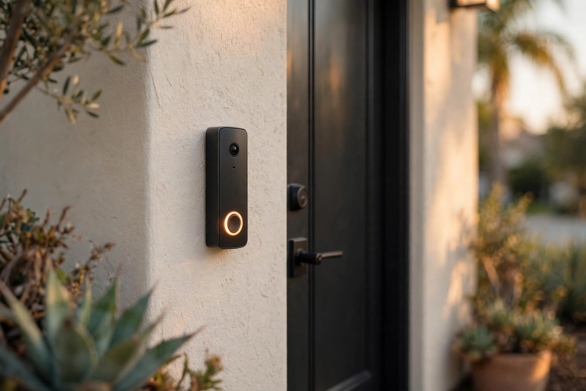 Video doorbell mounted beside a front door