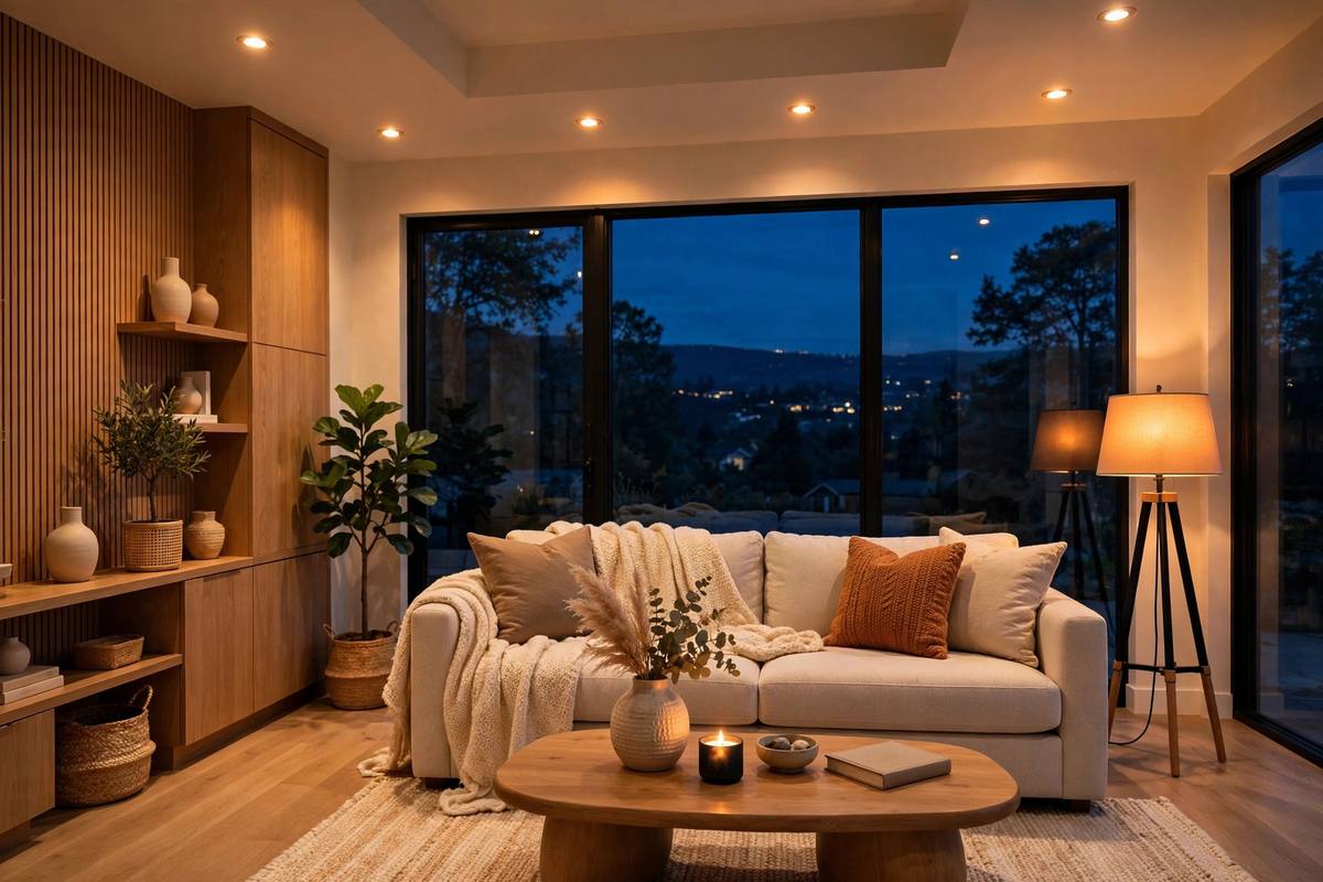 Living room with warm smart lighting in the evening