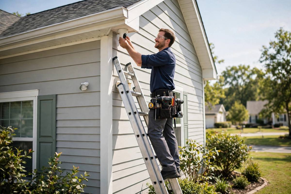 Smili Home technician installing a security camera on a home