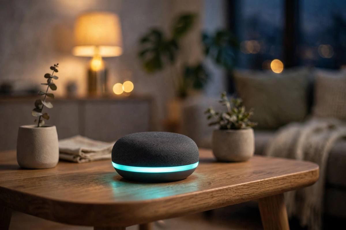 Smart speaker on a side table in a living room