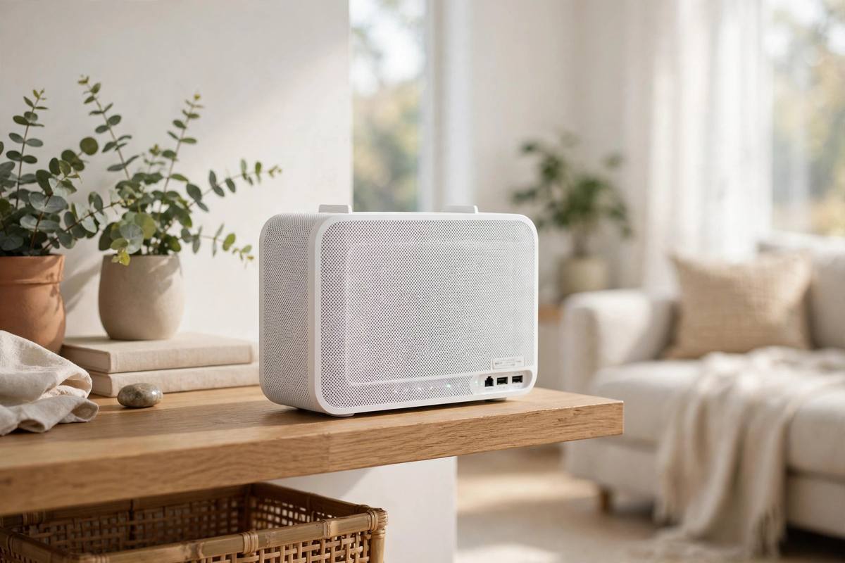 Mesh Wi-Fi router on a shelf in a bright living room